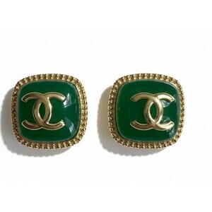 CHANEL CC Square Stud Earrings Metal with Green Enamel 25A (CHXX012)